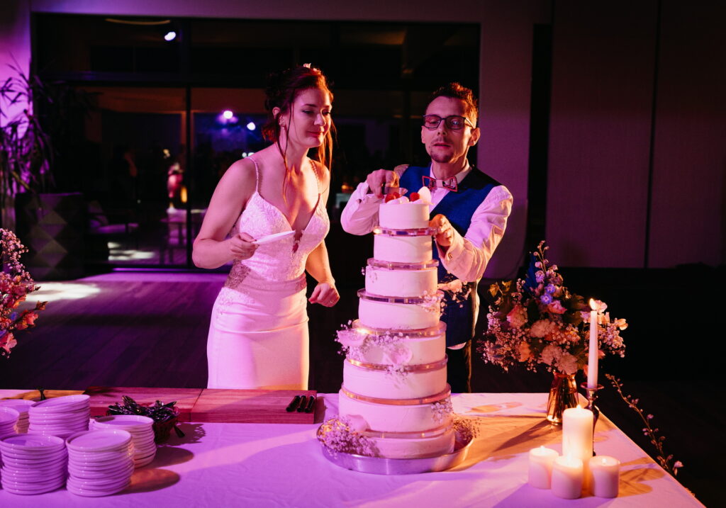 Le marié coupe le gâteau de mariage pendant que la mariée observe avec son assiette à la main au Domaine de la Butte Ronde